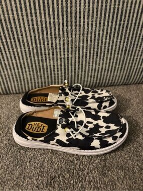 Hey Dude Cow Print Slip-On Shoes - Black & White